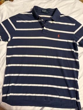 Men’s Polo Ralph Lauren Navy & White Striped Cotton Polo with Red Pony